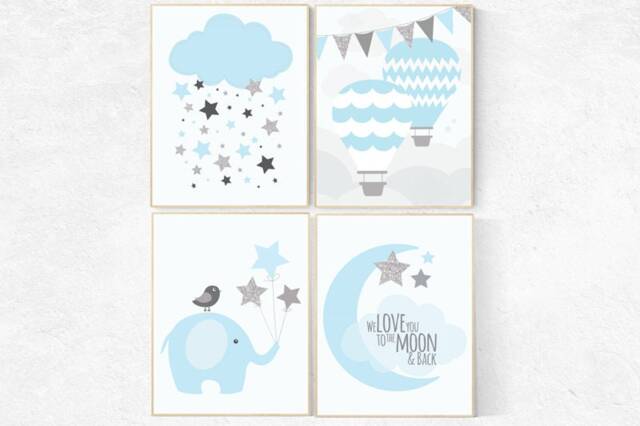 Blue Elephant Nursery Decor Baby Boy Wall Art Prints - image 1
