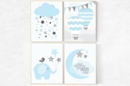 Blue Elephant Nursery Decor Baby Boy Wall Art Prints - thumbnail 1