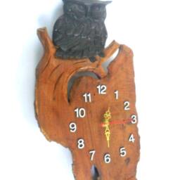 "Wood Carving Owl Clock Natural Teak Wall Hanging Hand Carved Home Art Decor Handmade Gift 14""x7" - thumbnail 2