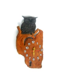 "Wood Carving Owl Clock Natural Teak Wall Hanging Hand Carved Home Art Decor Handmade Gift 14""x7" - thumbnail 1
