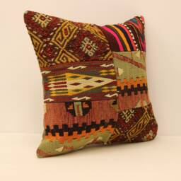 Handmade Kilim Pillow Cover 18x18 - Patchwork Wool, Boho Throw - thumbnail 2