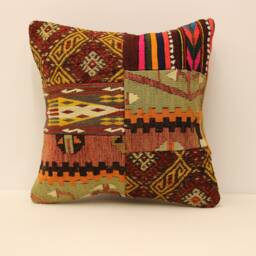 Handmade Kilim Pillow Cover 18x18 - Patchwork Wool, Boho Throw - thumbnail 1