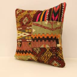 Handmade Kilim Pillow Cover 18x18 - Patchwork Wool, Boho Throw - thumbnail 3