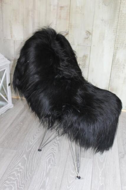 Pure Black Icelandic Sheepskin Rug, Long Fur Chair Cover - 52x28 Inches - image 1