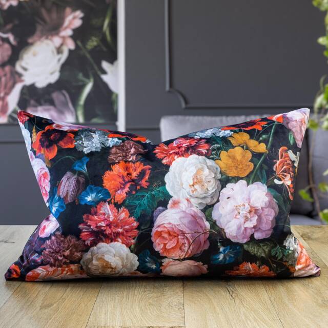 Velvet Garden Xl Rectangular Cushion. Dutch Flower Painting Design - Tulips, Butterflies, Peonies & Insects On Black Velvet. 23X15 - image 1