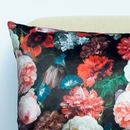 Velvet Garden Xl Rectangular Cushion. Dutch Flower Painting Design - Tulips, Butterflies, Peonies & Insects On Black Velvet. 23X15 - thumbnail 2