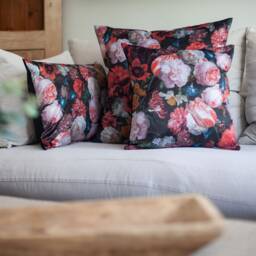 Velvet Garden Xl Rectangular Cushion. Dutch Flower Painting Design - Tulips, Butterflies, Peonies & Insects On Black Velvet. 23X15 - thumbnail 4
