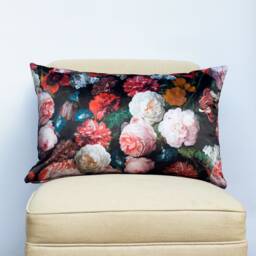 Velvet Garden Xl Rectangular Cushion. Dutch Flower Painting Design - Tulips, Butterflies, Peonies & Insects On Black Velvet. 23X15 - thumbnail 3