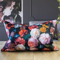 Velvet Garden Xl Rectangular Cushion. Dutch Flower Painting Design - Tulips, Butterflies, Peonies & Insects On Black Velvet. 23X15 - thumbnail 1