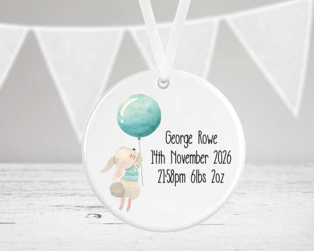 Personalised New Baby Gift - Ceramic Decoration Boy Keepsake Plaque Newborn Born Bauble Bunny