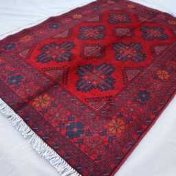 3'4x5 Ft Vintage Red Bukhara Rug, Afghan Hand Knotted Wool Area Turkmen Khal Mohammedi Rug For Bedroom, Antique Oriental Carpet - thumbnail 2
