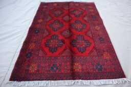 3'4x5 Ft Vintage Red Bukhara Rug, Afghan Hand Knotted Wool Area Turkmen Khal Mohammedi Rug For Bedroom, Antique Oriental Carpet - thumbnail 1