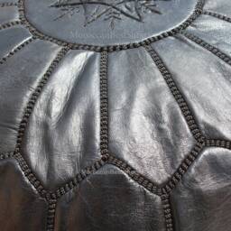 Black Moroccan Leather Pouf, Authentic Ottoman, Home Decor, Pouffe, Boho Footstool - thumbnail 4