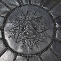 Black Moroccan Leather Pouf, Authentic Ottoman, Home Decor, Pouffe, Boho Footstool - thumbnail 3