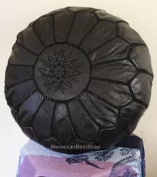 Black Moroccan Leather Pouf, Authentic Ottoman, Home Decor, Pouffe, Boho Footstool - thumbnail 1