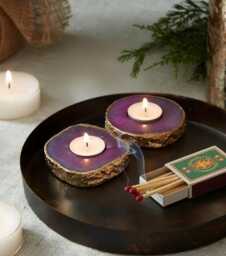 Purple Agate Gemstone Tealight Holders - Set Of 2