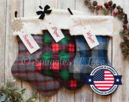 Plaid Christmas Stocking With Fur Cuff Personalized Flannel & Name Tag