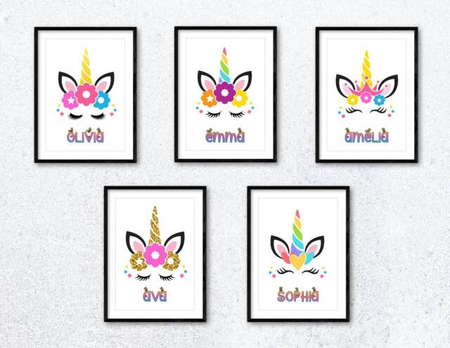 Personalised Any Name Unicorn Eyelashes Wall Art Poster Print. Choose From 5 Designs. Lovely Gift Idea. Girls Bedroom, Nursery. Rainbow - image 1