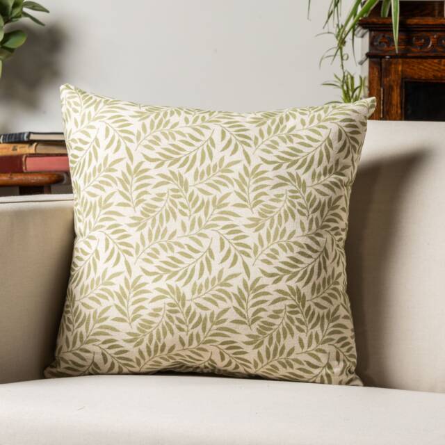 Willow Sprig Leaf Brushed Cotton & Linen Cushion in Sage Green. Country Home Dainty Botanical Design. 17x17 - image 1