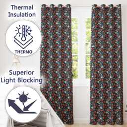 Wild Strawberry Floral Navy Background Seamless Pattern Readymade Eyelet Ring Top Thermal 100% Blackout Curtains - thumbnail 3