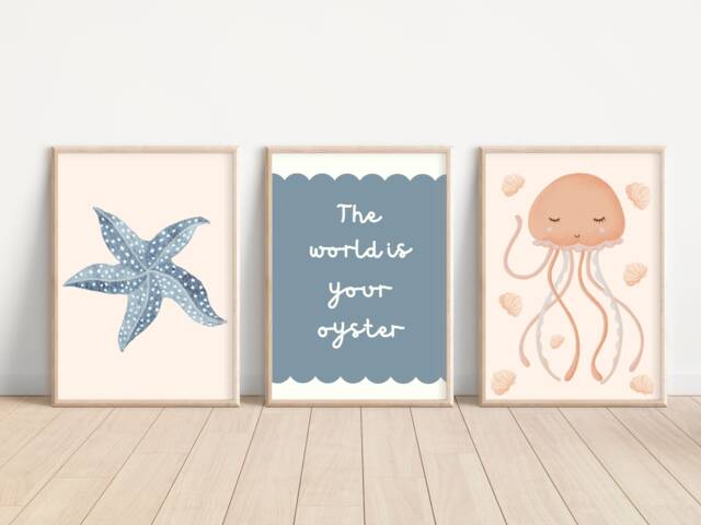 Ocean Themed Prints For A Nursery, Little Girls Room Or Playroom. The World Is Your Oyster, Jellyfish & Starfish Art. - Prints Only - image 1