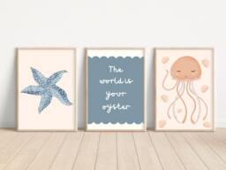 Ocean Themed Prints For A Nursery, Little Girls Room Or Playroom. The World Is Your Oyster, Jellyfish & Starfish Art. - Prints Only - thumbnail 1