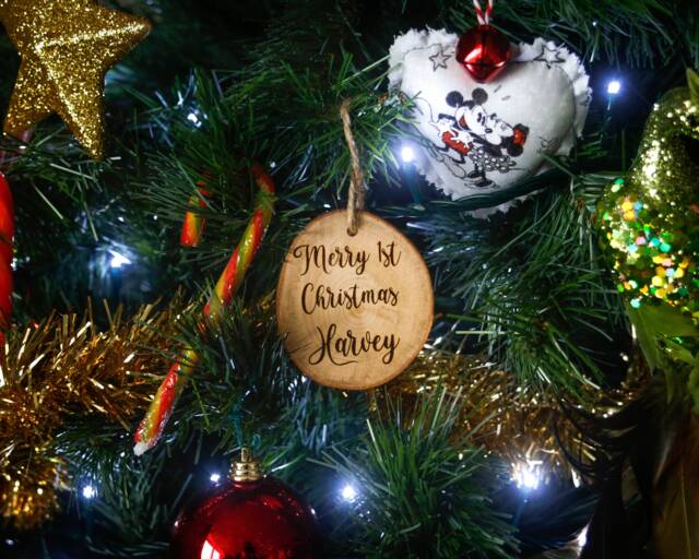Engraved Holly Wood Christmas Tree Decoration Personalized Xmas Ornament - image 1