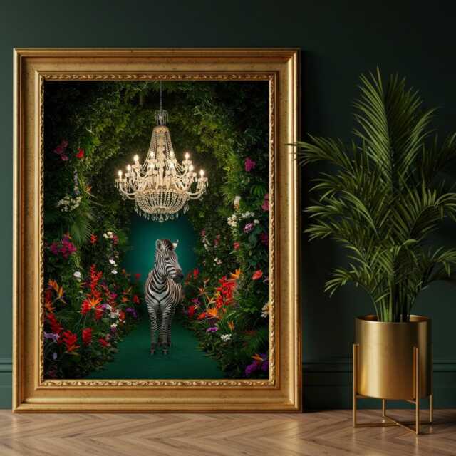 Zebra Chandelier Wall Art - Maximalist Jungle Luxe Print Dark Glam Botanical Decor Eclectic Statement Artwork Moody Exotic Aesthetic - image 1