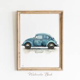 Blue Car Watercolor Print Kids Room Wall Art - thumbnail 2