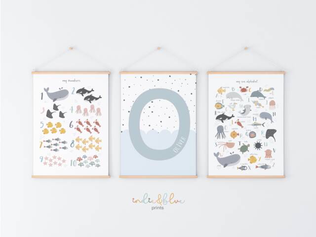 Personalised Sea Animals Print Set, Boy Ocean Nursery Alphabet & Numbers Chart Print, Under The Prints - image 1