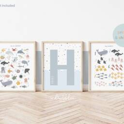 Personalised Sea Animals Print Set, Boy Ocean Nursery Alphabet & Numbers Chart Print, Under The Prints - thumbnail 2