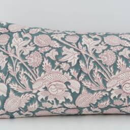 Piper -- 14x36 Floral Pillow Cover Teal Block Print Coastal Blue Cottage - thumbnail 2