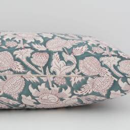 Piper -- 14x36 Floral Pillow Cover Teal Block Print Coastal Blue Cottage - thumbnail 3