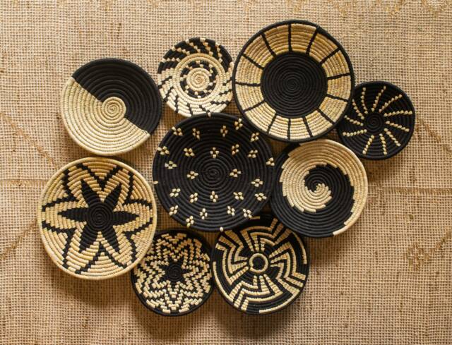 Black & Natural Sabai Grass Handwoven Baskets, Monochrome Plates, Set Of 3/4/5 Or 7, Wall Art, African White Decor - image 1