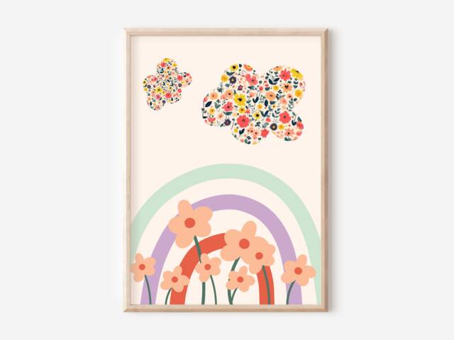 Bright Rainbow & Flowers Print Perfect For A Playroom, Nursery Or Bedroom - Unframed