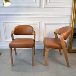 stylish & Comfortable Dining Chairs With Subtle Curved Accents, Room Chair Customizable Wood & Leather Colors, Modern Armrest Chair