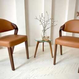 stylish & Comfortable Dining Chairs With Subtle Curved Accents, Room Chair Customizable Wood & Leather Colors, Modern Armrest Chair - thumbnail 3