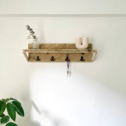 Unoiled Reclaimed Wood Coat Rack With Shelf - Bathroom Towel Hallway Wall-Mounted Hat - thumbnail 3