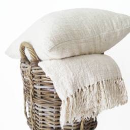 Handmade Organic Cotton Queen Blanket & Cushion Set, Ivory Decor - thumbnail 2