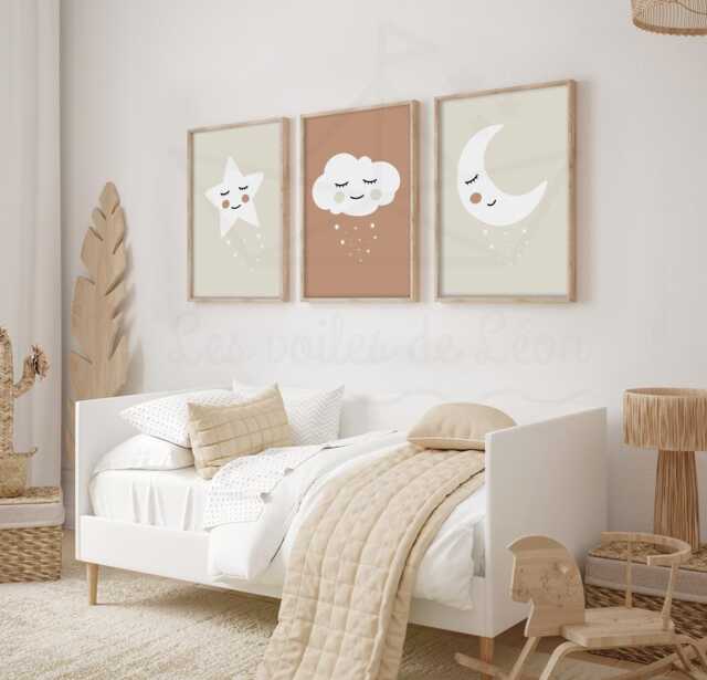 Set Of 3 Moon, Star, & Cloud Posters For Children's Nursery Decor, Boho-Style Wall Poster, Sky Design, Baby Shower Gift Idea - image 1