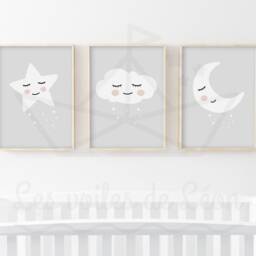 Set Of 3 Moon, Star, & Cloud Posters For Children's Nursery Decor, Boho-Style Wall Poster, Sky Design, Baby Shower Gift Idea - thumbnail 3