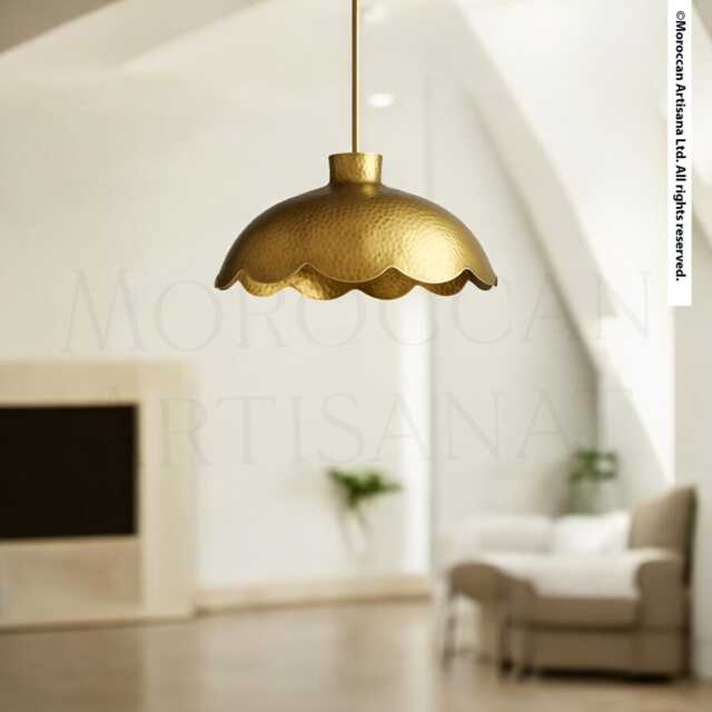 Hammered Brass Pendant Light With Scalloped Edge - Handmade Dome Lampshade