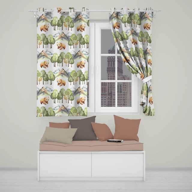 Forest Bear Trees Mountains Clouds On Grey Seamless Pattern Readymade Eyelet Ring Top Thermal 100% Blackout Curtains - image 1