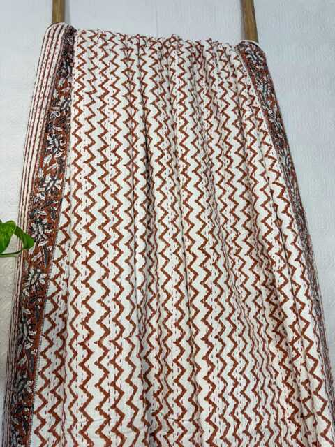 Kantha Stitch Pure Cotton Reversible Bed/Sofa Throw King Size Handmade Dohar - White Tan Brown Geometric Chevron Waves Country Rustic Vibe - image 1
