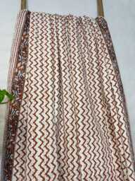 Kantha Stitch Pure Cotton Reversible Bed/Sofa Throw King Size Handmade Dohar - White Tan Brown Geometric Chevron Waves Country Rustic Vibe - thumbnail 1