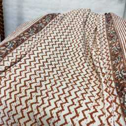 Kantha Stitch Pure Cotton Reversible Bed/Sofa Throw King Size Handmade Dohar - White Tan Brown Geometric Chevron Waves Country Rustic Vibe - thumbnail 3