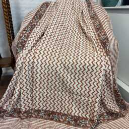 Kantha Stitch Pure Cotton Reversible Bed/Sofa Throw King Size Handmade Dohar - White Tan Brown Geometric Chevron Waves Country Rustic Vibe - thumbnail 2