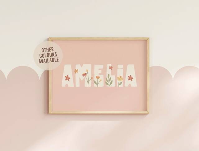 Personalised Floral Name Print - Custom Baby Poster For Nursery Flower Wall Art Wildflowers Girl Decor Boho - image 1