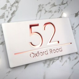 K Smart Sign - Laser Cut Matt White & Rose Gold Mirror Personalised Door Numbers House Plaques Number 3D 30cm X 16cm - thumbnail 2