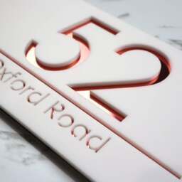 K Smart Sign - Laser Cut Matt White & Rose Gold Mirror Personalised Door Numbers House Plaques Number 3D 30cm X 16cm - thumbnail 3